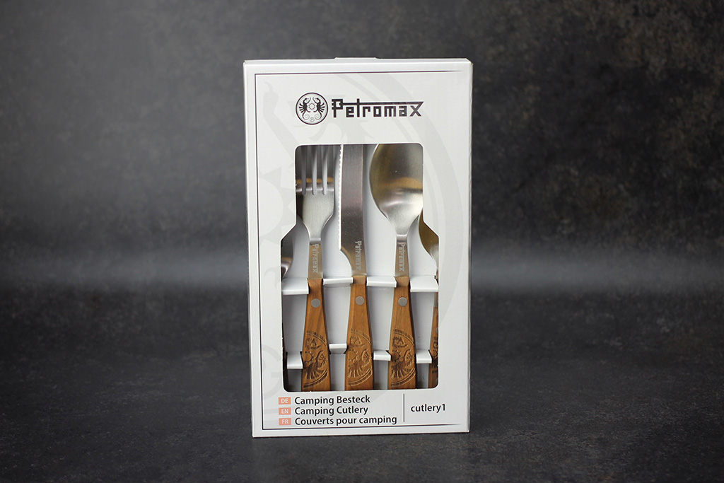 Petromax Camping Besteck 5-teilig Packung Grillbesteck aus Edelstahl mit Holzgriffen