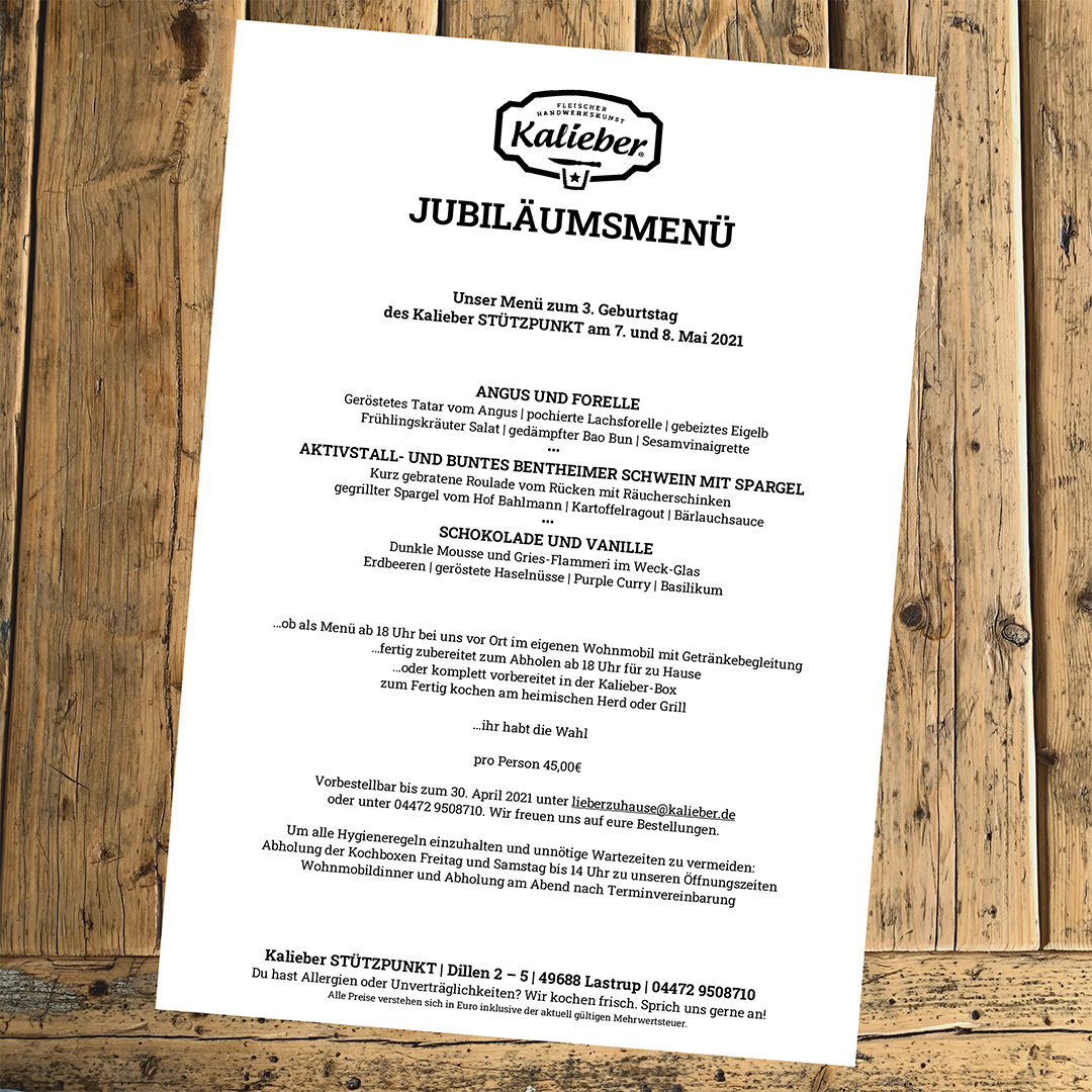 Jubiläumsmenü-Karte Kalieber STÜTZPUNKT