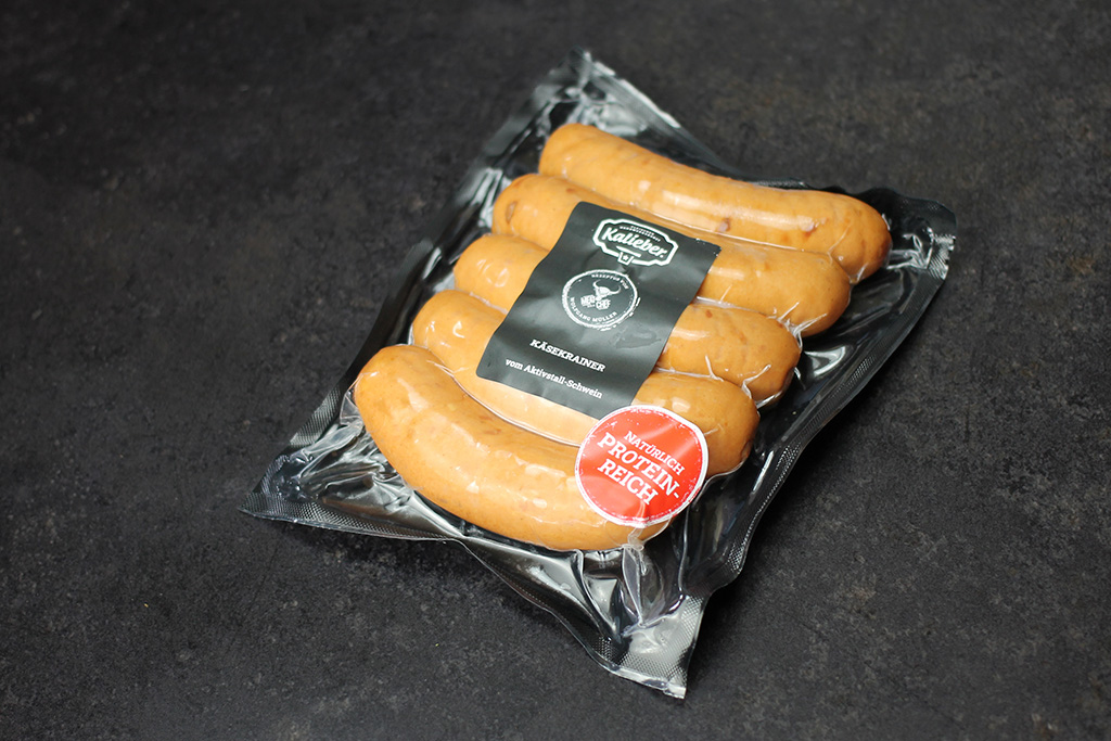 Käsekrainer vom Aktivstall-Schwein Packung mit 5 Bratwürsten