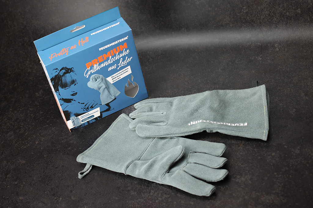 FEUERMEISTERIN BBQ Grillhandschuh Frauen Spaltleder blau ein Paar blaue Handschuhe aus Spaltleder