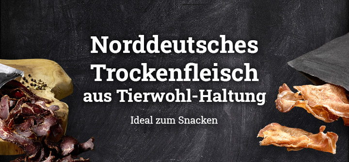 Chips vom Aktivstall-Schwein und Trockenfleisch mit dem Text: Norddeutsches Trockenfleisch aus Tierwohl-Haltung. Ideal zum Snacken.