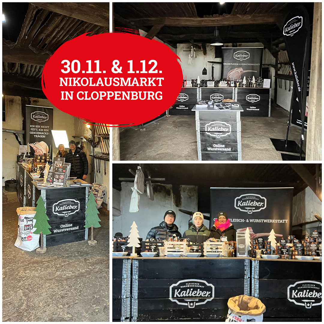 verschiedene Fotos von Kalieber-Stand auf Nikolausmarkt, Hinweis auf Nikolausmarkt 2024