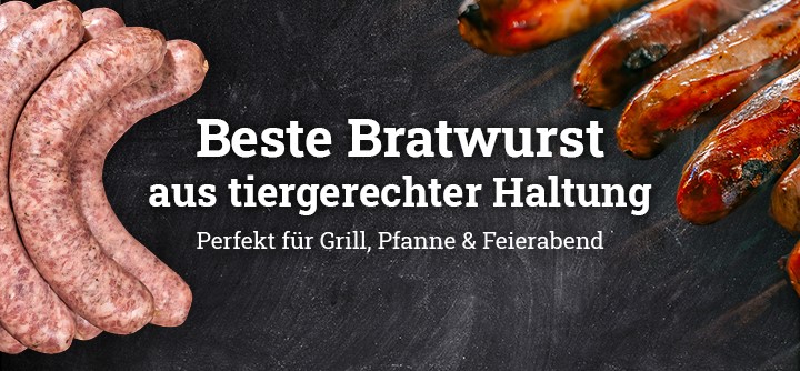 Zwei verschiedene Perspektiven von Bratwurst auf dem Grill mit dem Text: Beste Bratwurst aus tiergerechter Haltung. Perfekt für Grill, Pfanne und Feierabend
