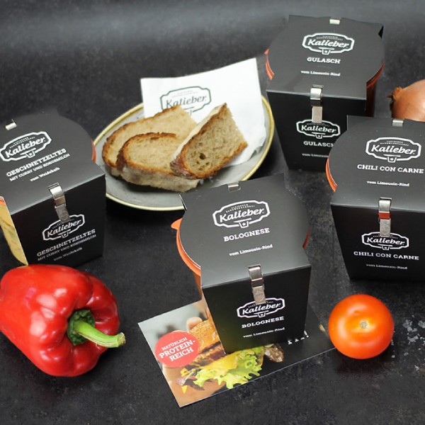 Inhalt der Kalieber Protein Box 4 Gläser mit Fertiggerichten