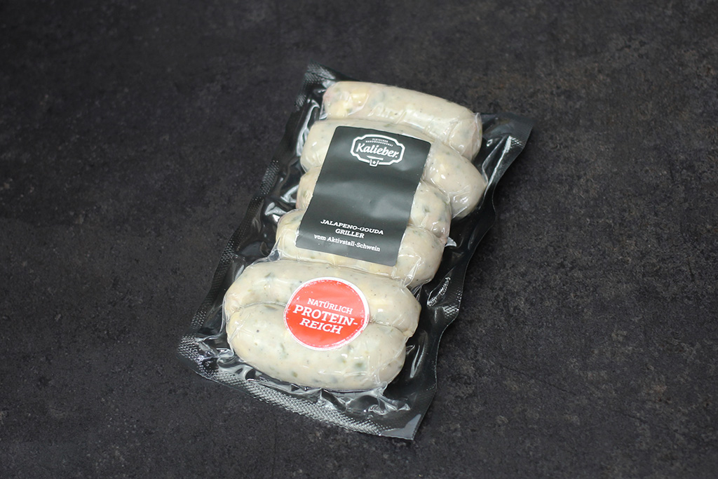Jalapeno Goude Griller vom Aktivstall-Schwein Packung mit 5 Bratwürsten