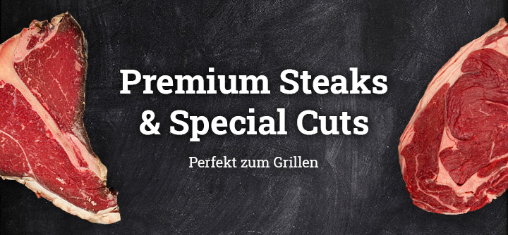 Zwei verschiedene Fleischzuschnitte mit dem Text: Premium Steaks und Special Cuts. Perfekt zum Grillen.
