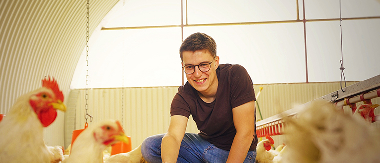 Landwirt Benno Buddendieck im mobilen Hühnerstall