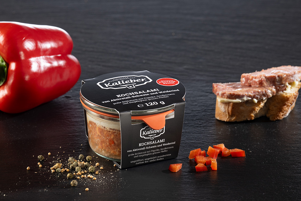 Kochsalami von Aktivstall-Schwein und Weiderind Weck-Glas mit Kochsalami von Aktivstall-Schwein und Weiderind