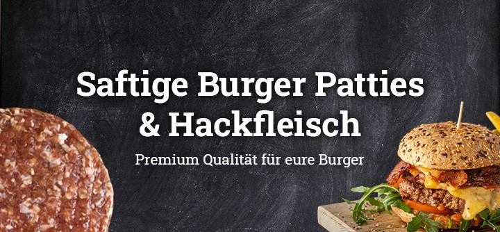 Ein rohes Burger Pattie und daneben ein fertiger Burger mit Pommes im Hintergrund. Mit dem Text: Saftige Burger Patties und Hackfleisch. Premium Qualität für eure Burger