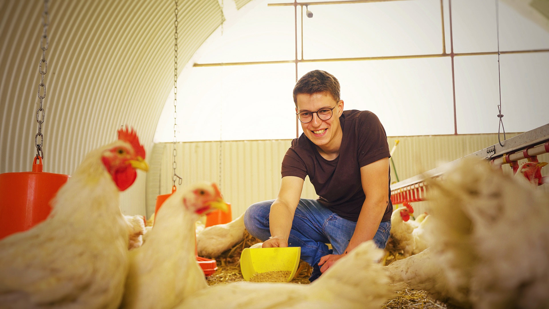 Landwirt im mobilen Hühnerstall mit Hühnern