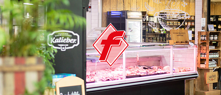Fleischtheke im Kalieber STÜTZPUNKT + Fleischer-f-Logo