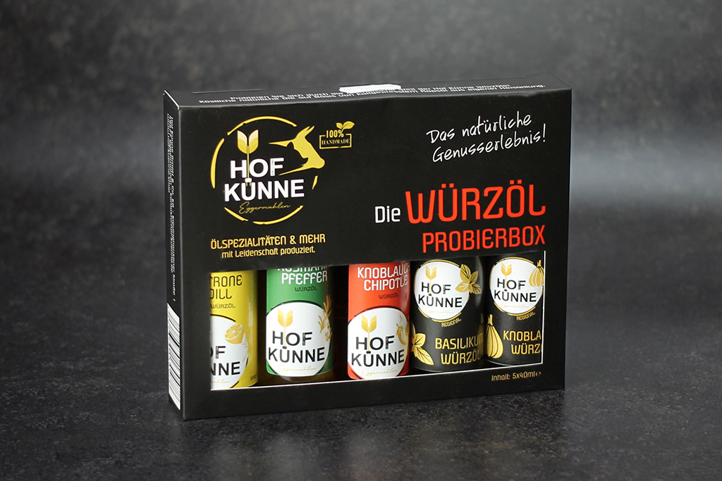 Hof Künne Würzöl Probierbox Probierpackung mit 5 Mini-Flaschen Würzöl