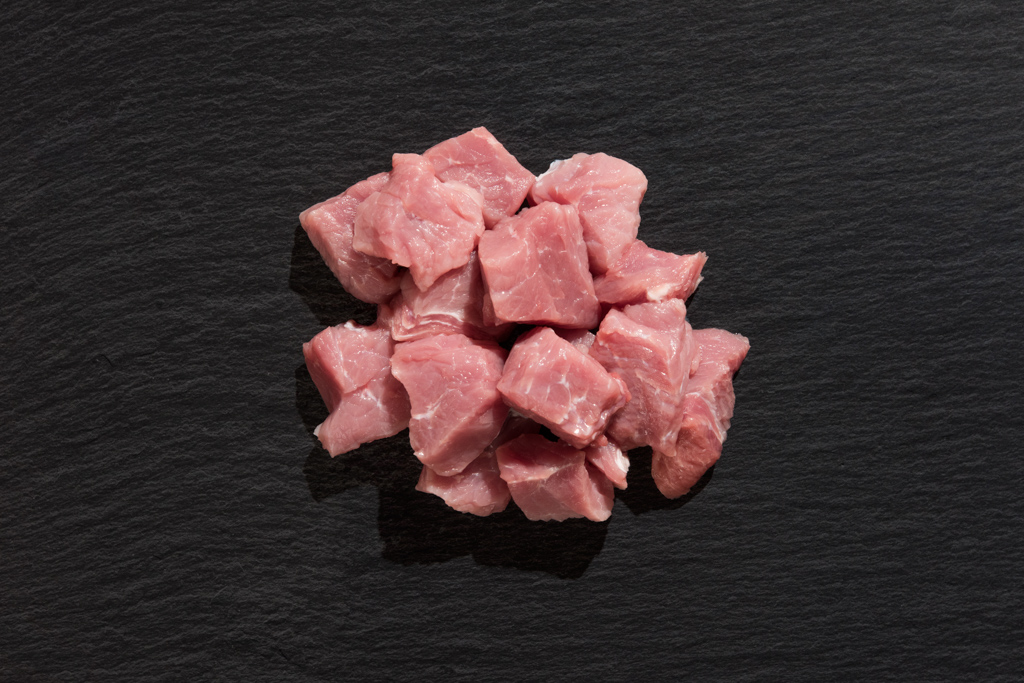 Gulasch aus dem Schinken vom Bunten Bentheimer Schwein Gulasch aus dem Schinken vom Bunten Bentheimer Schwein