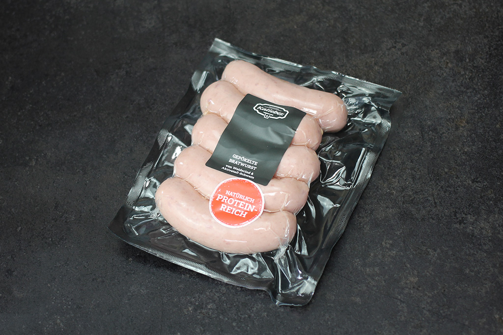 Gepökelte Bratwurst von Weiderind und Aktivstall-Schwein Packung mit fünf Bratwürsten